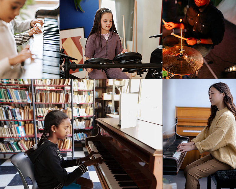 Learn piano or drums - for all ages.